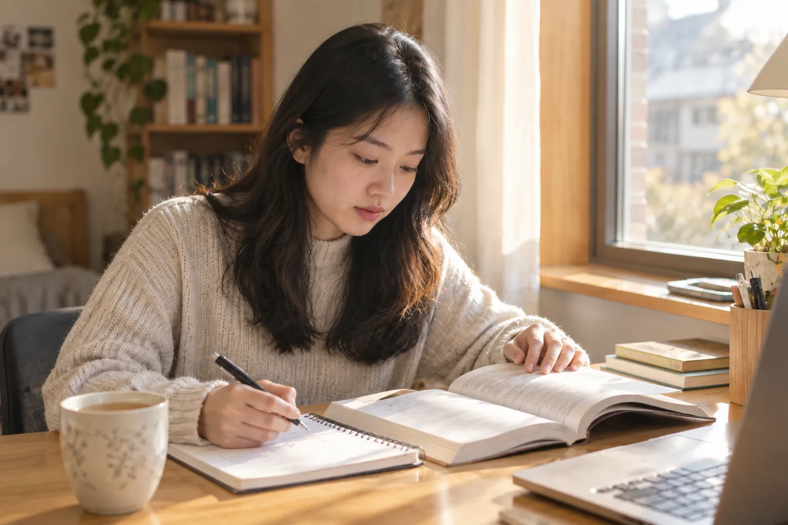 一名学生独自坐在窗边的书桌前看书、做笔记